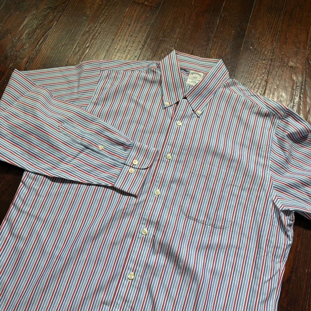 Brooks Brothers Shirt Mens L Blue Red Stripe Slim Fit 346 Dress Non Iron EUC